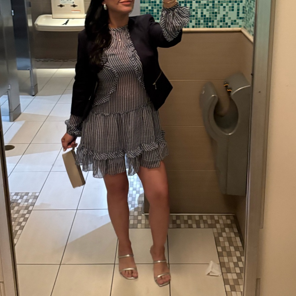 BCBGMaxAzria Navy and White Striped Ruffle Mini Dress